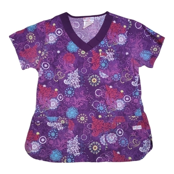 UA Abstract Whimsical V Neck Scrub Top Purple Multi Color Size Medium - Picture 1 of 11